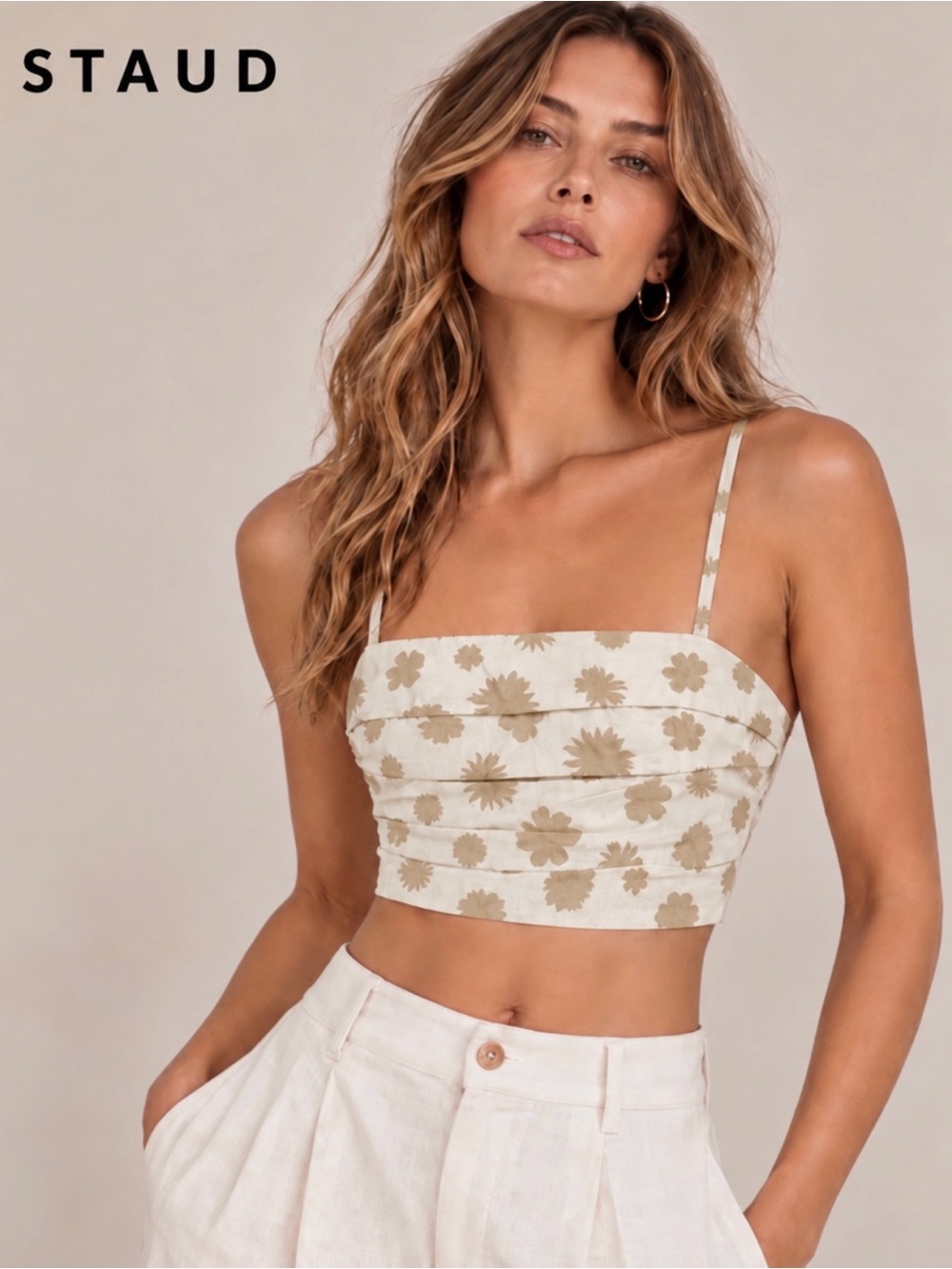 New🌺$185 STAUD Lorenzo Floral Stretch Cotton Poplin Fitted Crop Top Size S